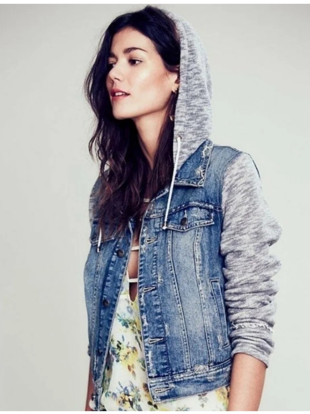 Free People Hooded Denim Jacket Knit Sleeves Blue Jean Coat Size S
